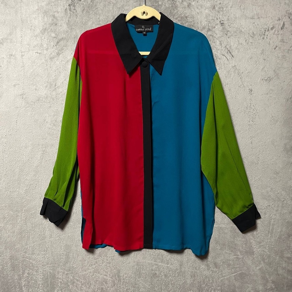 100% Silk Colorblock Button Down Blouse Long Sleeve 12